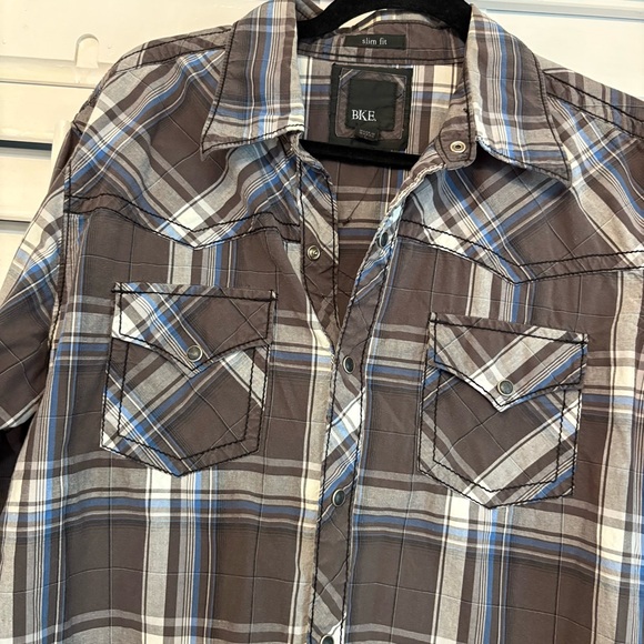 BKE Brown Plaid Pearl Snap Shirt Size Large - Picture 3 of 7